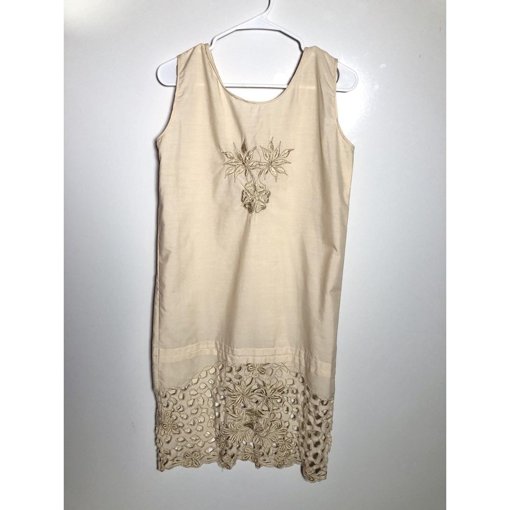 Authentic Vintage 1920s Embroidered Cotton Shift Dress Lace Hem Flapper Antique - Picture 11 of 16